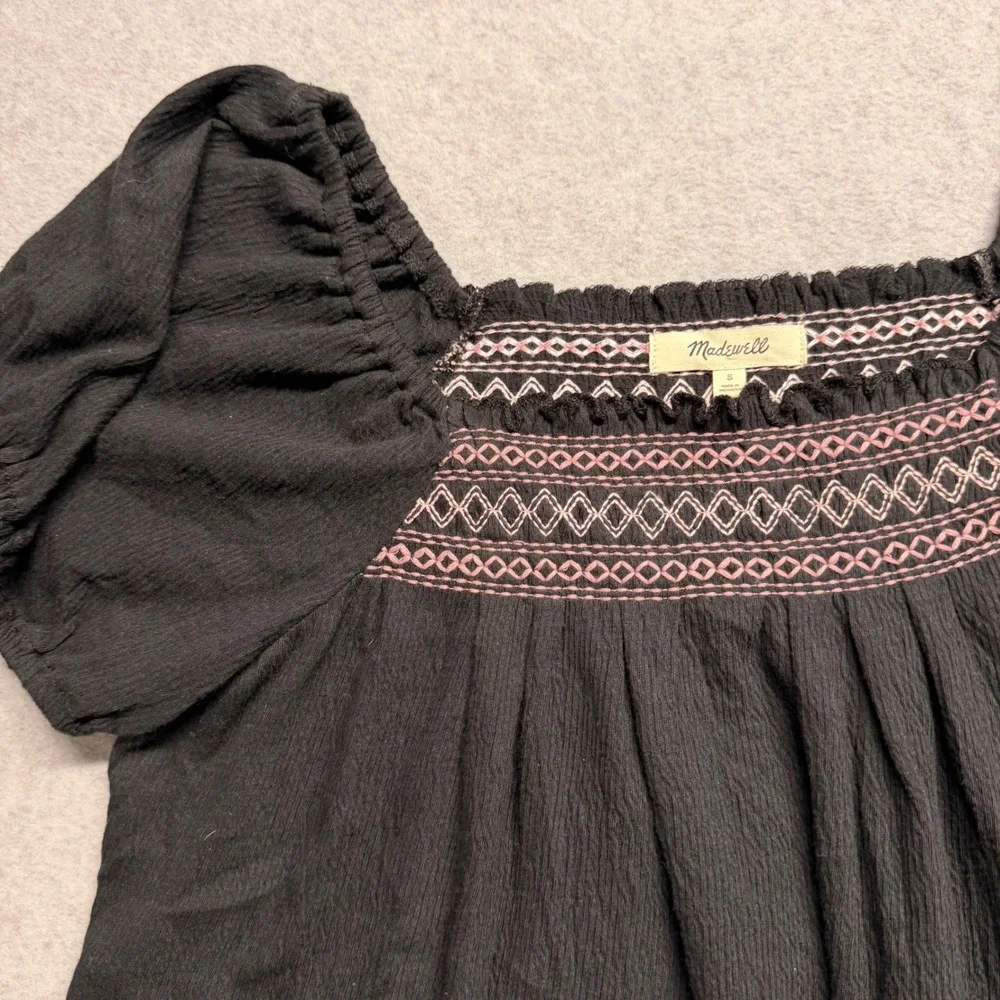 Madewell Smocked Puff Sleeve Top Black Pink Embroidered Gauze Blouse Small